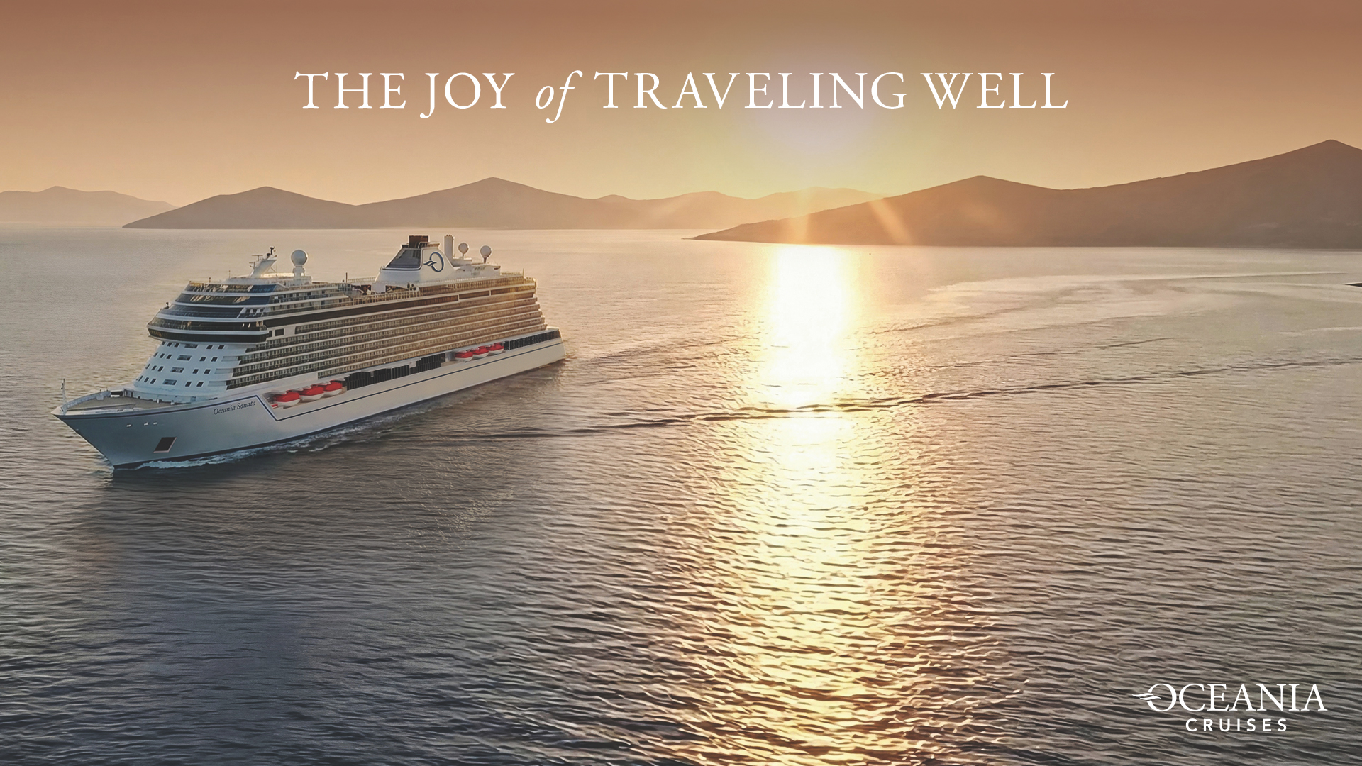 Oceania Cruises ship sailing in the Mediterranean at sunset